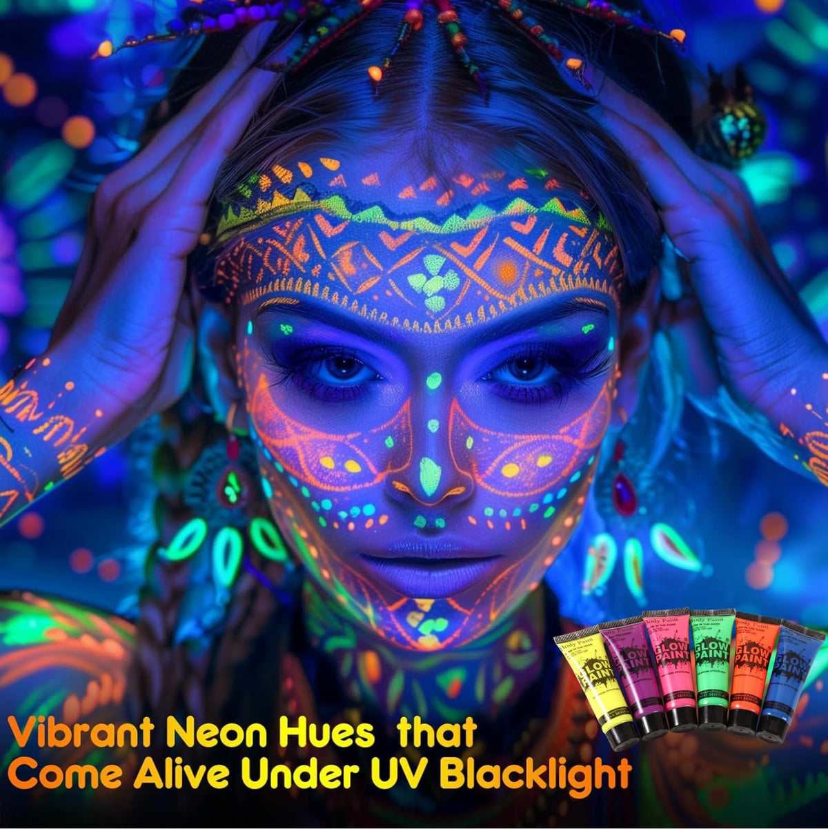 SHEBEEDO 6 Colors UV Glow Neon Face and Body Paint Set, Glow in the Dark Face Paint kit, Fluorescent Body Paint, Safe Non-Toxic Quick-Dry Paint for Halloween, Festivals, Parties, and Cosplay