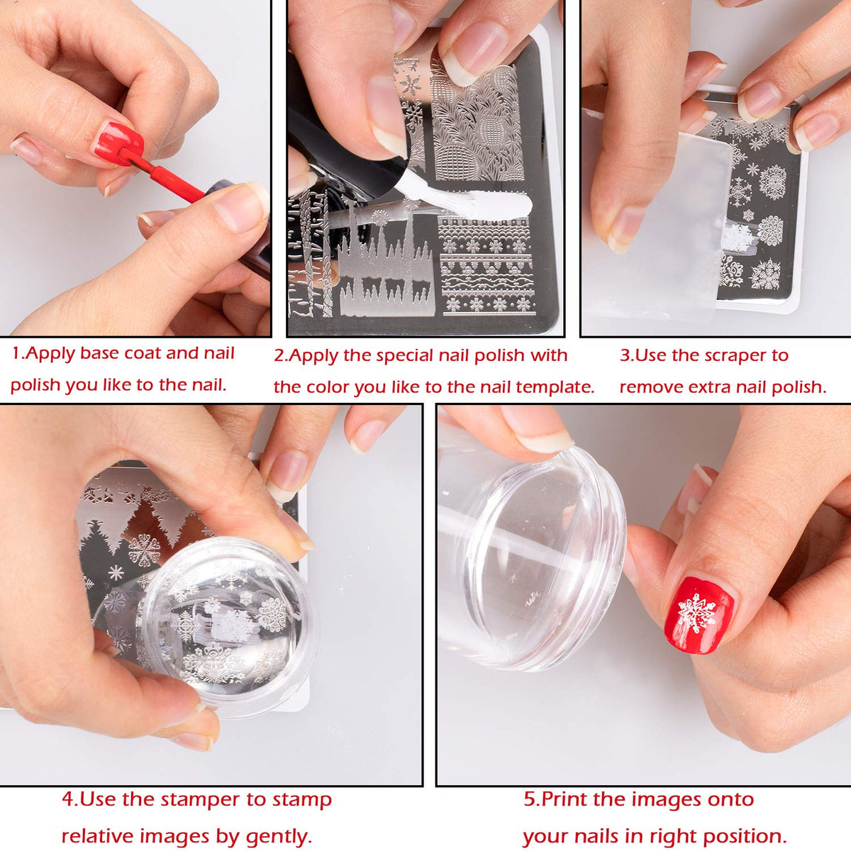 Whaline Christmas Nail Art Plates Santa Reindeer Snowflake Image Stamp Templates Stamping Kit - 6 Manicure Stencils Tool Set with 1 Polish Stamper and 1 Scraper by Salon Designs