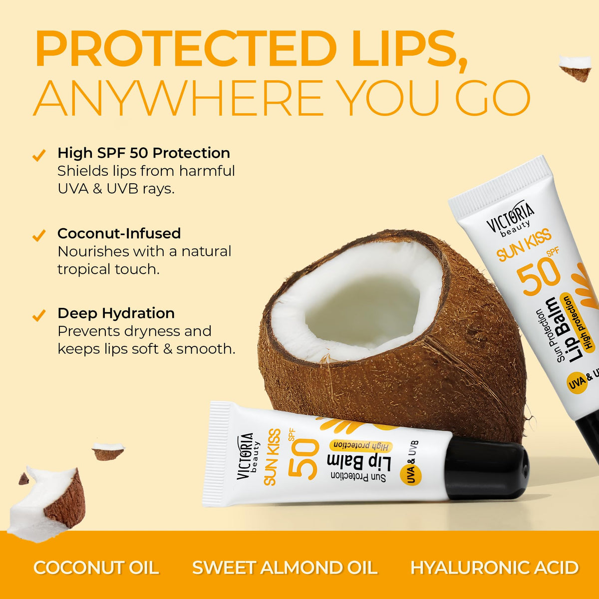 Victoria Beauty Sun Kiss SPF 50 Lip Balm - Lip Sunscreen with Coconut Oil, Sweet Almond Oil, and Hyaluronic Acid, 10ml
