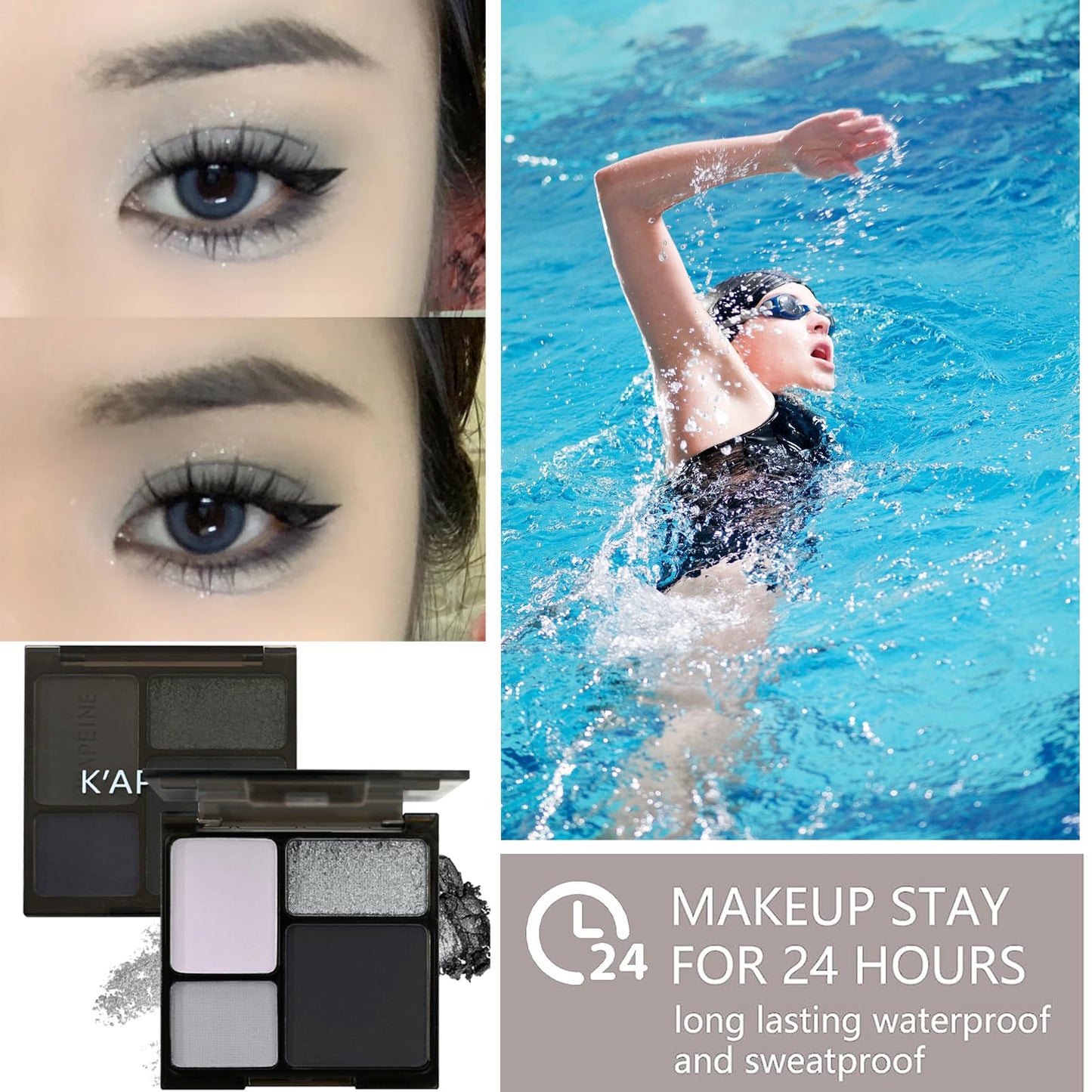 HAORQEE Black Eyeshadow Palette, Smokey Silver Glitter Gothic Eye Shadows Make Up Palettes White Grey Matte Long Lasting 4 Colors Eye Shadow Pallets for Women Girls Halloween Goth Christmas Gifts