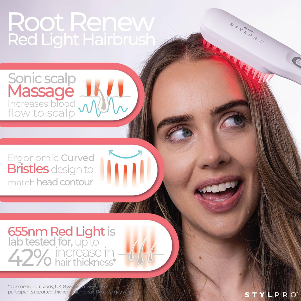StylPro STYLPRO Red Light Hair Brush Comb, Encourages Hair Growth, Stimulates Hair Follicle, Aids in Hair Repair, 49x 655nm LEDs, Ergonomic Flexible Bristles, Rechargeable, Sonic Scalp Massage