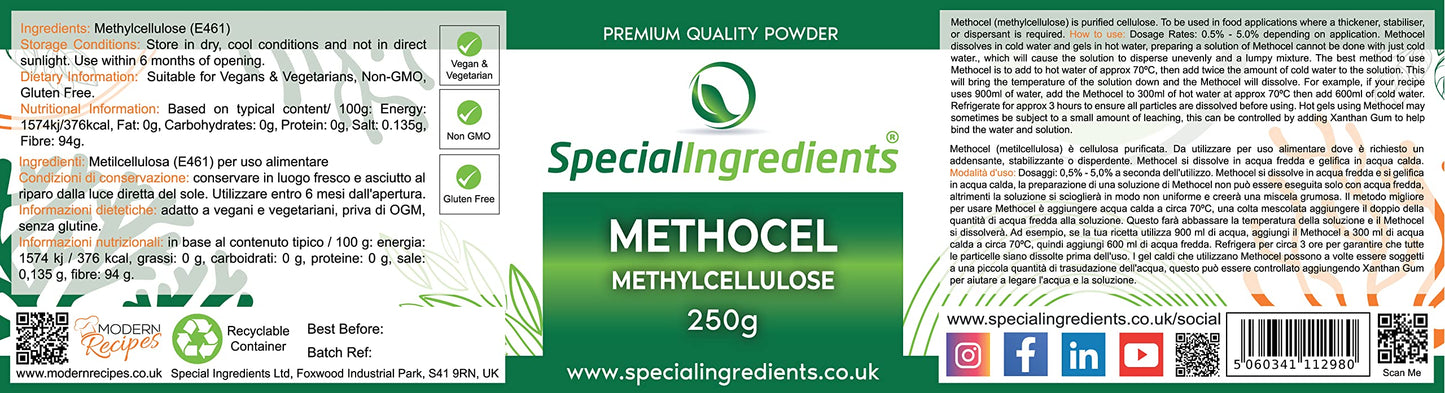 SPECIAL INGREDIENTS Special Ingredients Methocel (Methylcellulose) 250g Premium Quality Food Grade, Vegan, Non-GMO, Gluten Free – Recyclable Container