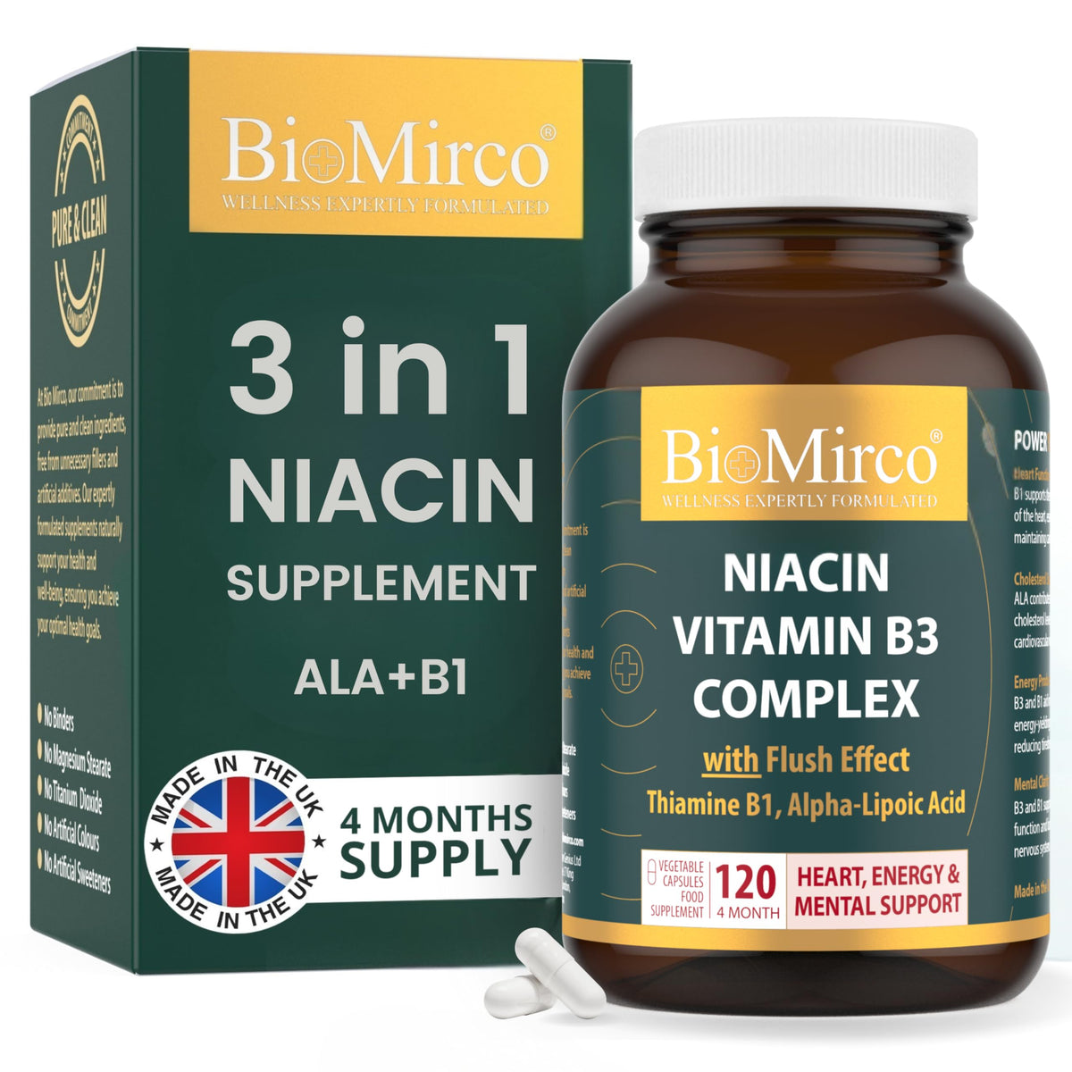 Bio Mirco Niacin Supplements with Flush Effect, B3 Vitamin Supplement, Nicotinic Acid, B1 Thiamine, ALA, 120 Capsules, Cognitive Function, Cholesterol, Heart & Energy, 50mg Active Form (niacinamide alternative)