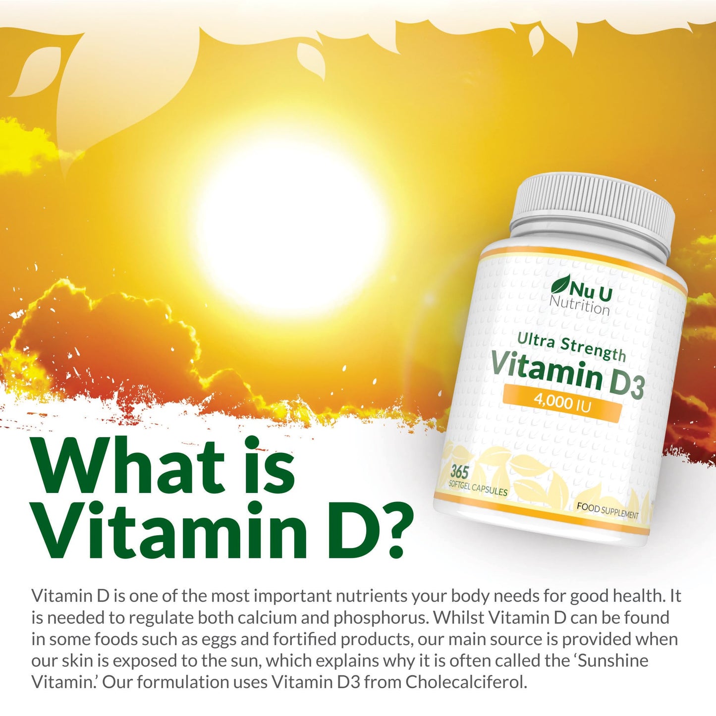 Vitamin D3 4000 IU, 365 Softgel Capsules NOT Tablets, Full Year Supply, Easy to Swallow Quadruple Strength Vitamin D3 Supplement