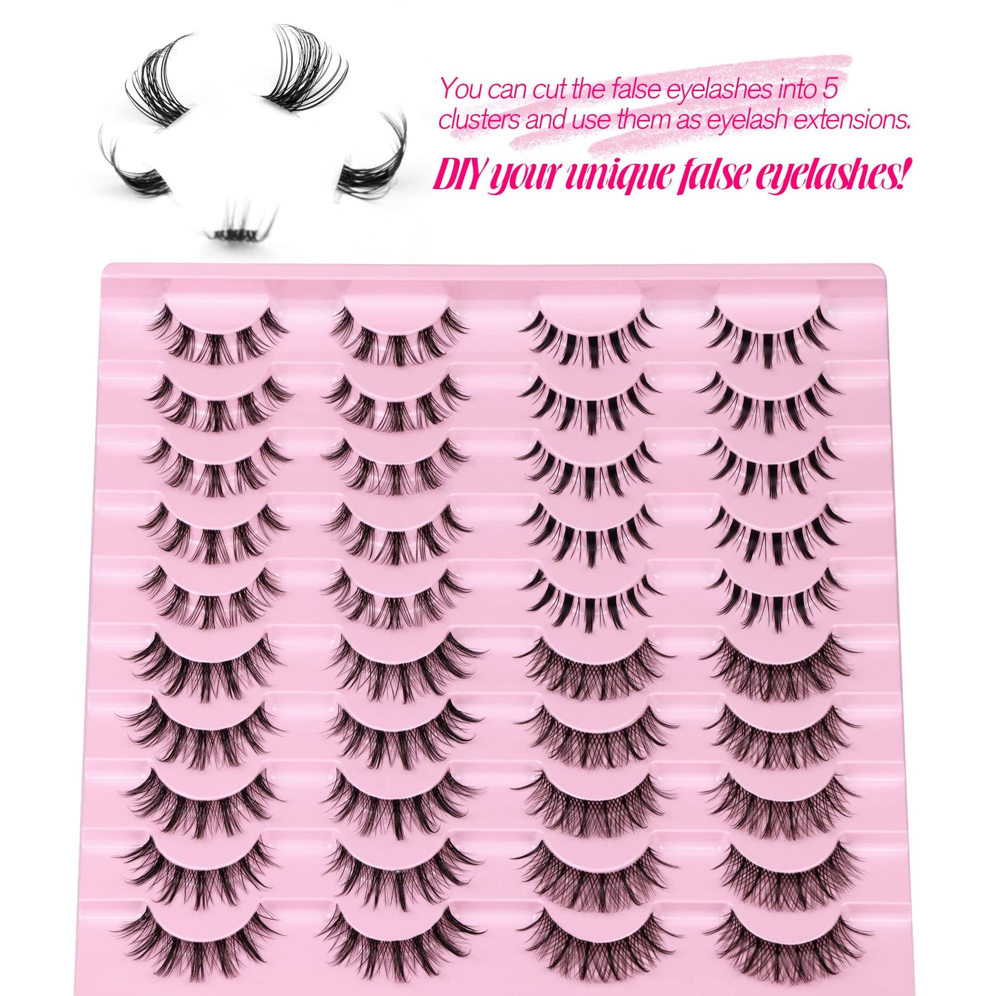 Newcally Manga Lashes Natural Look Anime False Eyelashes 20 Pairs Clear Band Individual Wispy Fake Eyelashes Strip Spiky DIY Cluster Lashes Extension C Curl Cat Eye Lashes Pack