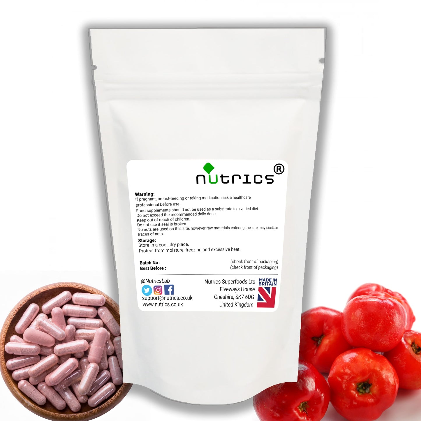 Nutrics® 1000mg ACEROLA Cherry Extract 2 Months Supply 60 Vegan Capsules Natural Vitamin C 100% Pure Freeze Dried Standardised 26% 44:1 Extract Ratio Strong Safe & Effective