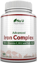 Iron Supplement, 180 Vegan Capsules with Vitamin C, B12 & Folic Acid, for Men and Women - Iron Capsules not Iron Tablets, 6 Month Supply - from Ferrous Fumarate - Made in The UK
