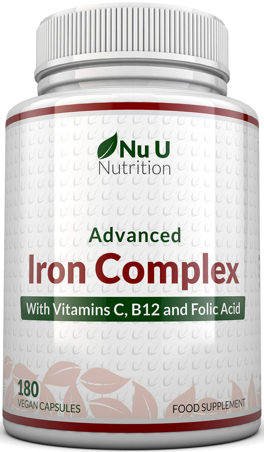 Iron Supplement, 180 Vegan Capsules with Vitamin C, B12 & Folic Acid, for Men and Women - Iron Capsules not Iron Tablets, 6 Month Supply - from Ferrous Fumarate - Made in The UK