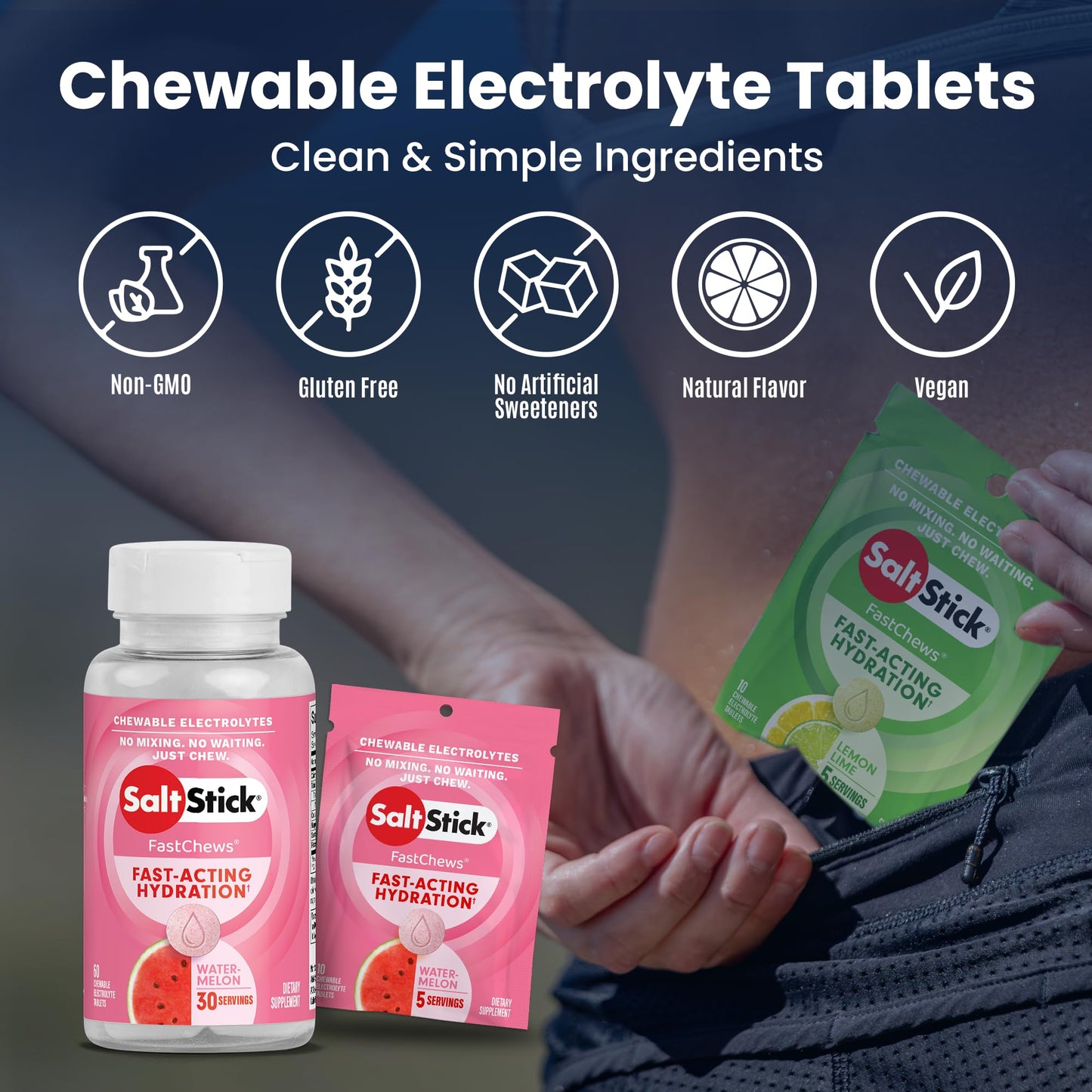 SaltStick Fastchews, Electrolyte Replacement Tablets for Rehydration, Exercise Recovery, Youth & Adult Athletes, Hiking & Sports Recovery, 2 x Packets of 10 Tablets (Watermelon)