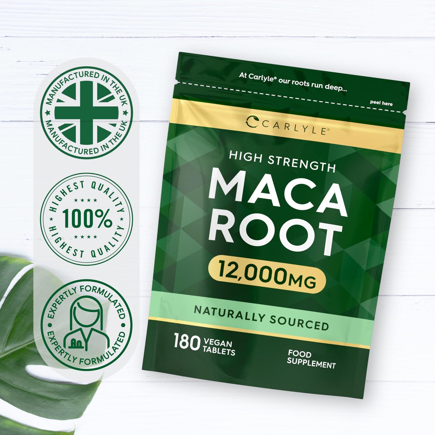 Maca Root Tablets 12,000mg | Naturally Sourced & High Strength Maca Root Extract | 180 Vegan Tablets | Supplement for Men & Women | by Carlyle