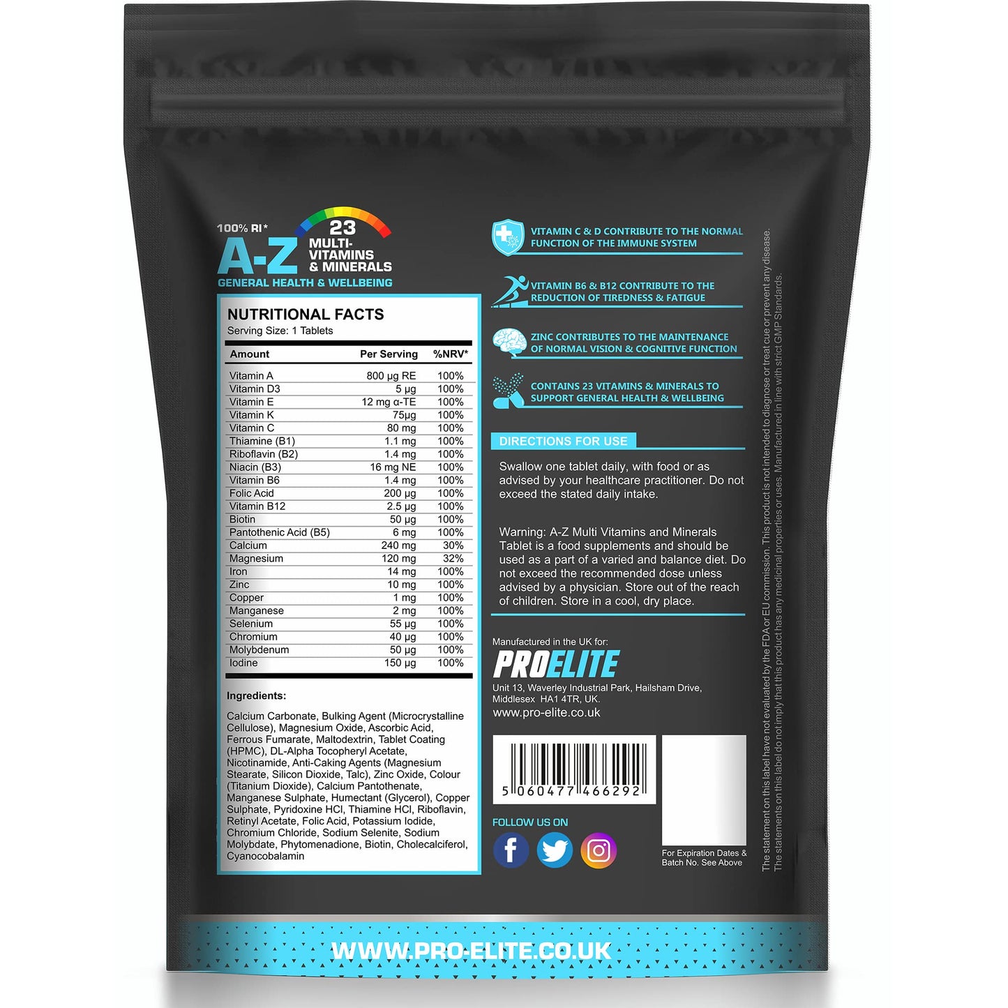Multivitamins & Minerals - 120 Vegan Tablets - One a Day 100% RDA - 23 Essential Vitamins & Minerals in A-Z Multivitamin Tablet - Made in The UK by PROELITE