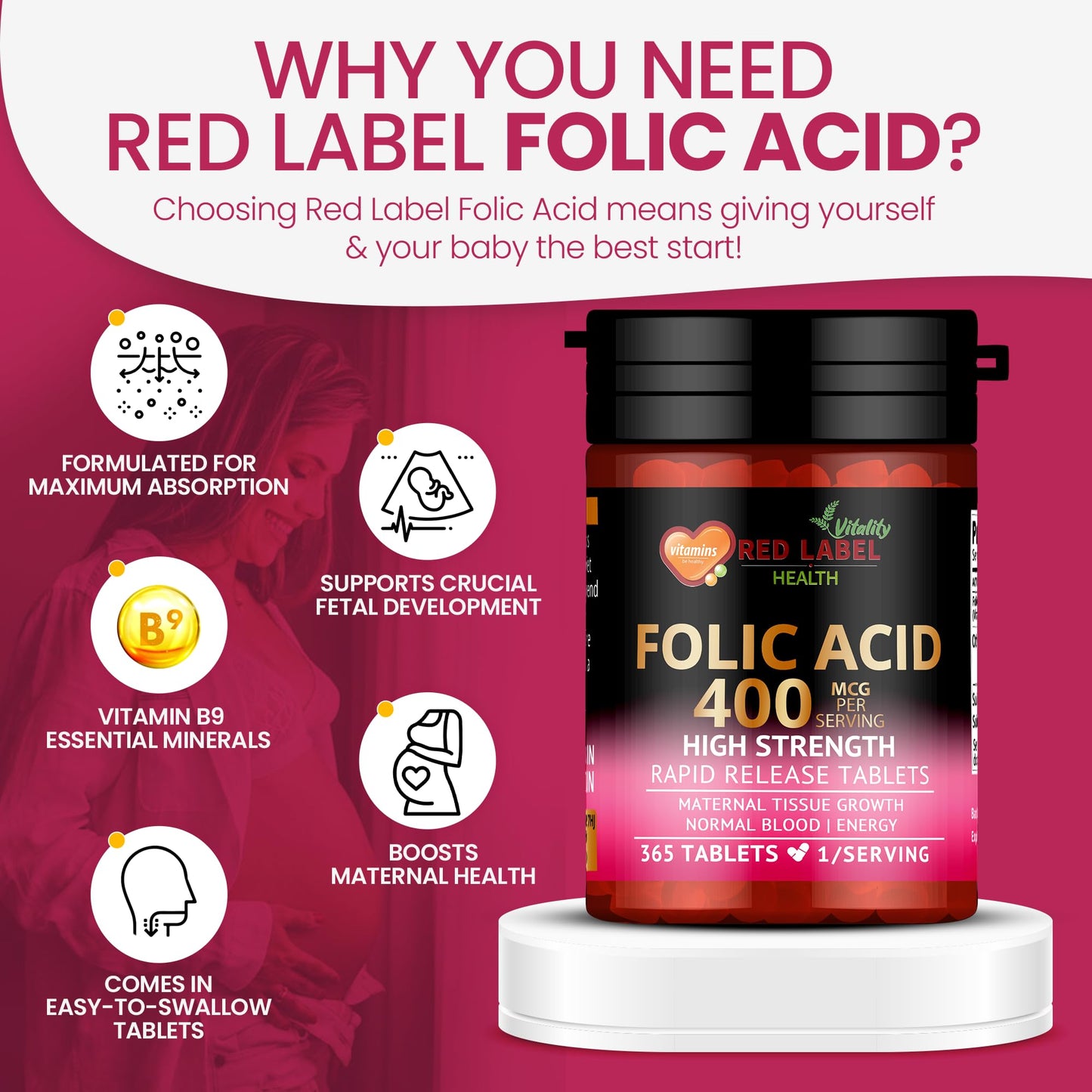 Red Label Health Folic Acid Tablets 400 mcg - 365 Vegan Vitamin B9 Tablets - 1 Year Supply - Pregnancy Care - Normal Function of Immune System & Maternal Tissue Growth During Pregnancy