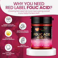 Red Label Health Folic Acid Tablets 400 mcg - 365 Vegan Vitamin B9 Tablets - 1 Year Supply - Pregnancy Care - Normal Function of Immune System & Maternal Tissue Growth During Pregnancy