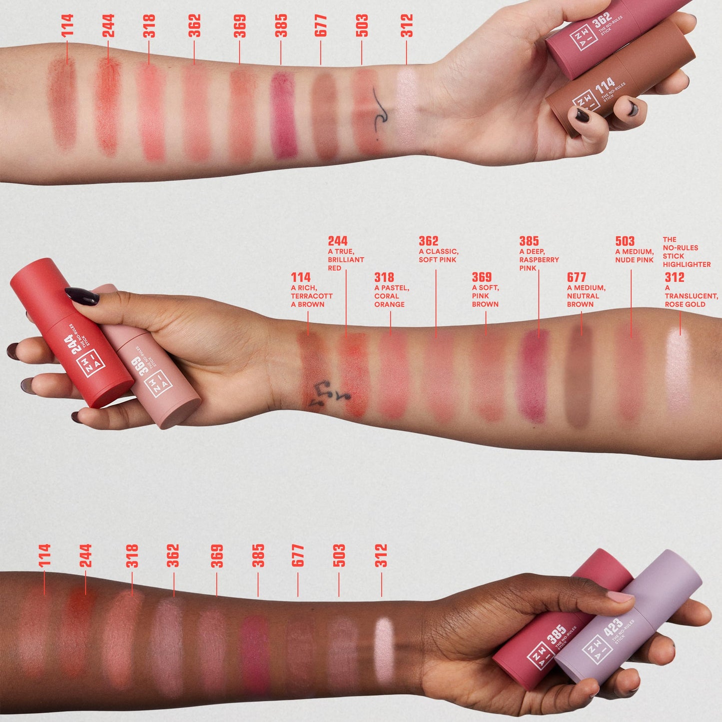 3INA MAKEUP - The No - Rules Stick 677 - Brown Blush Stick for Eyes Lips & Cheeks w Hyaluronic Acid - Cream Blush