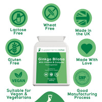 Supplements Wise Ginkgo Biloba Capsules 90 x 2000mg - Dizziness and Vertigo Treatment - Focus Tablets, Concentration Pills for Brain, Memory - Blood Circulation -Ginkgo Biloba Herbal Supplements with Vitamin B Complex