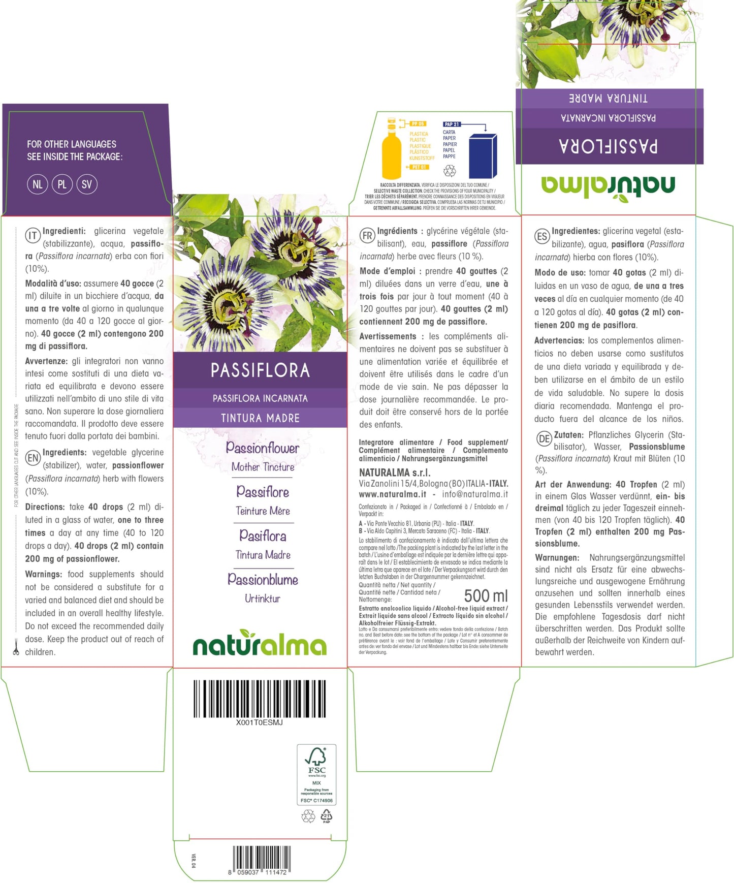 Passionflower (Passiflora incarnata) herb with Flowers Alcohol-Free Mother Tincture Naturalma | Liquid Extract Drops 500 ml | Food Supplement | Vegan