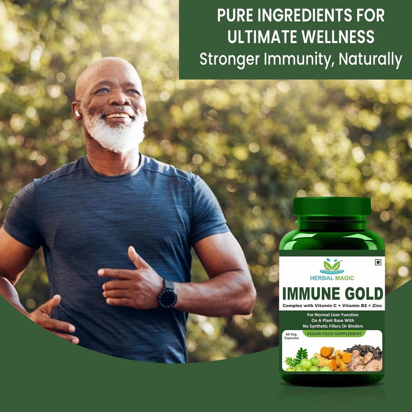 Herbal Magic Immune Gold – Vegan Food Supplement with Herbal Blend for Immune Support & Wellness, 60 Capsules, Non-GMO
