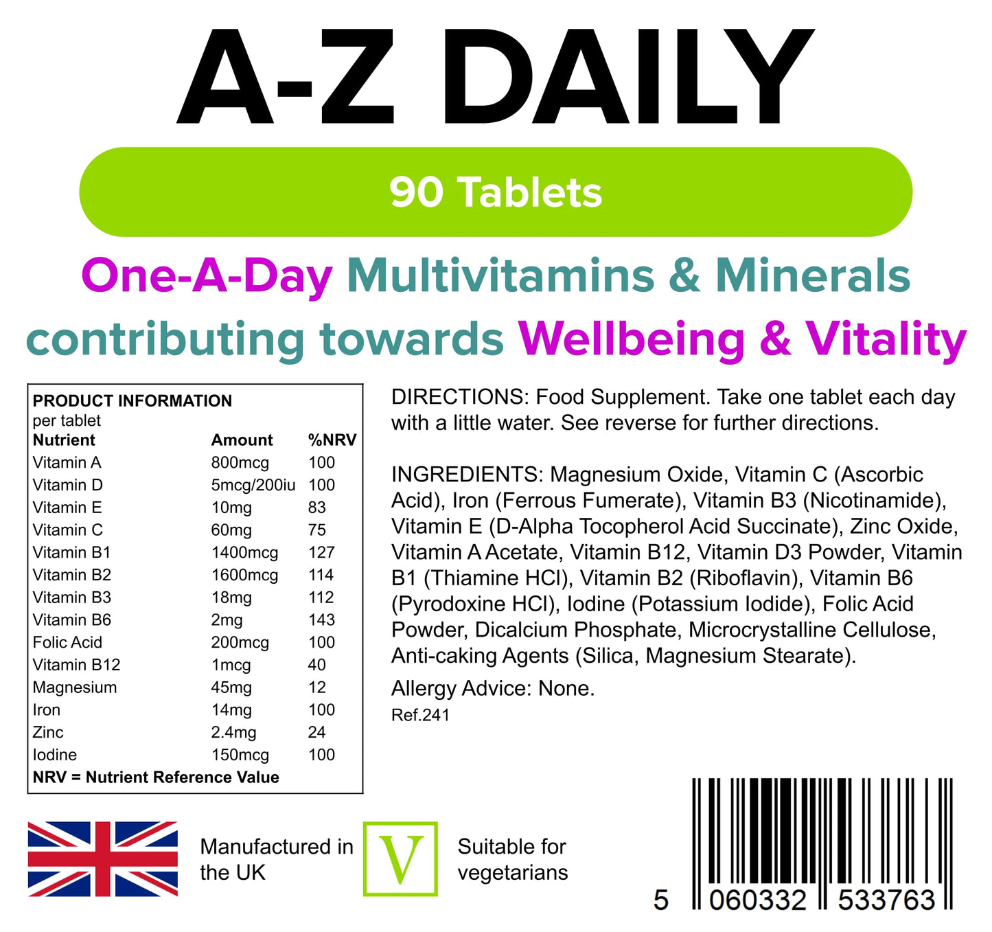 Lindens Multivitamin A-Z Daily Tablets - 90 Pack, UK Made, Perfect Vitamin & Mineral Balance of Vitamin A, C, D, E, B1, B2, B3, B6, B12, Folic Acid, Magnesium, Iron, Zinc & Iodine - Letterbox Friendly