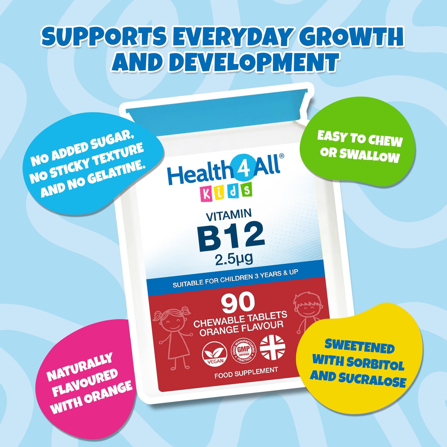 Health4All Kids Vitamin B12 2.5mcg 90 Chewable Tablets 3 Months Supply, Vegan VitB12 Methylcobalamin Supplement for Children 3+, Sugar-Free, Natural Orange Flavour | Made in UK (not Gummies)