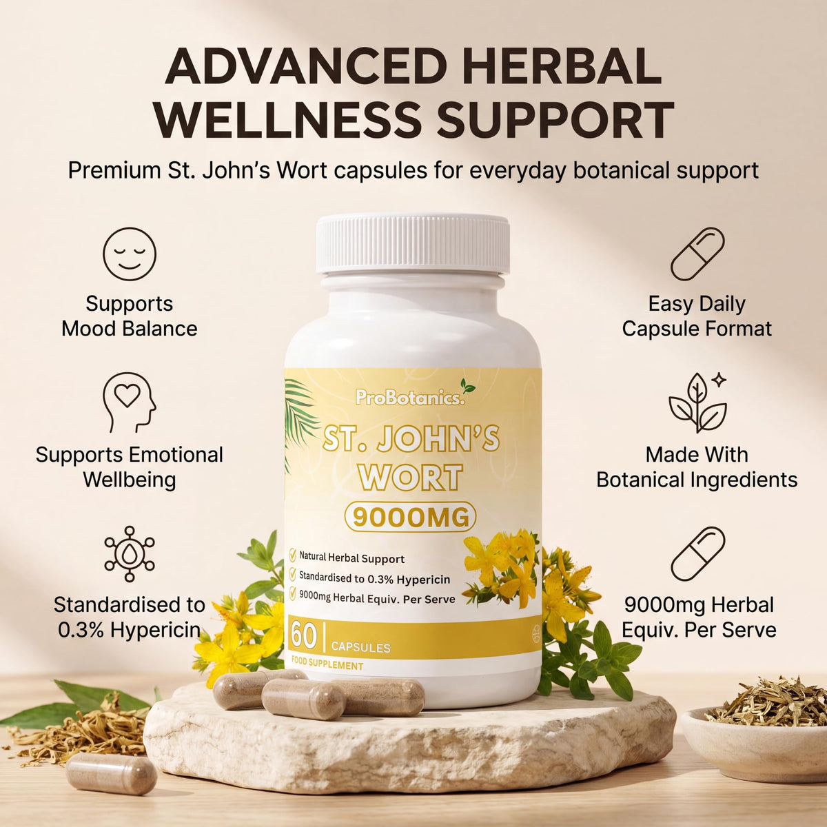 ProBotanics St John's Wort 900mg Maximum Strength | Standardised 0.3% Hypericin Extract | High-Strength Herbal Supplement for Emotional Wellbeing | 60 Vegan Capsules