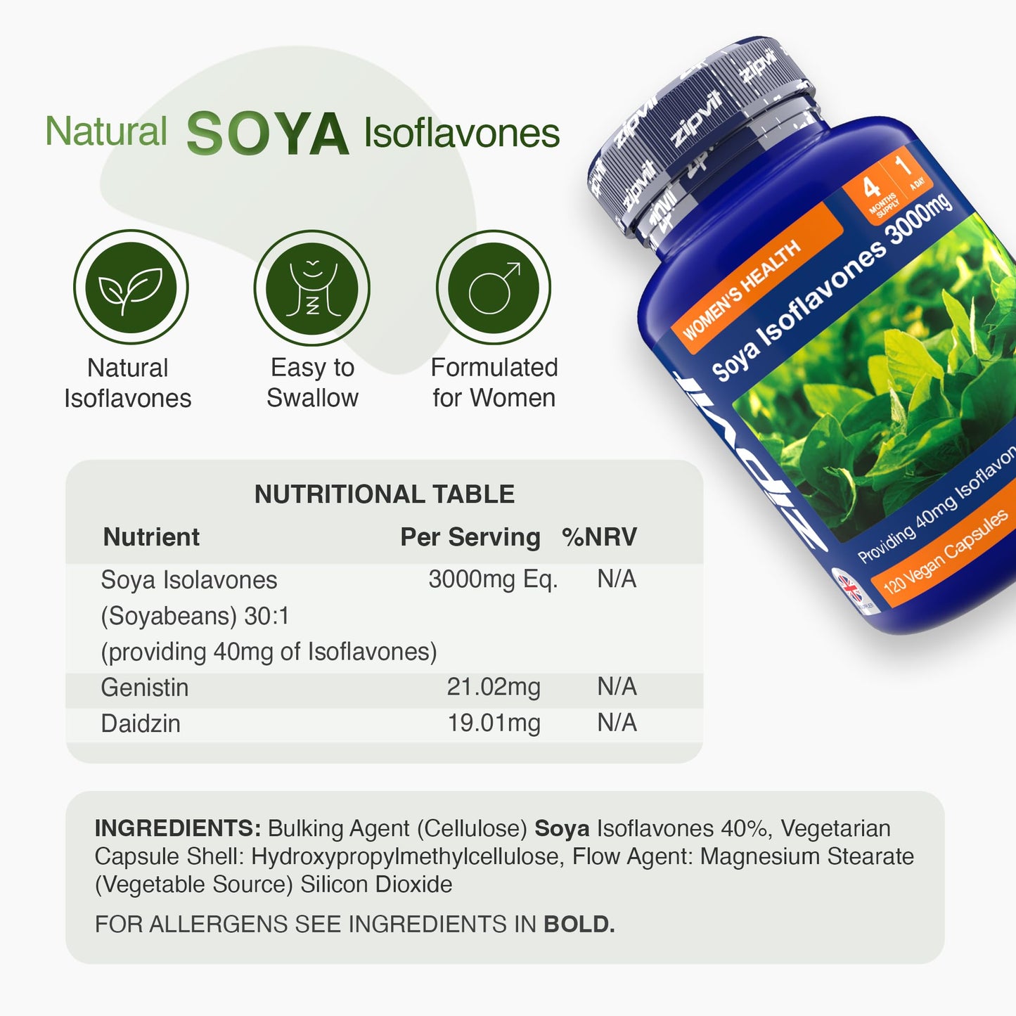 Zipvit SOYA Isoflavones 3,000mg, High Strength SOYA Bean Extract 40mg Isoflavones, 120 Vegan Capsules, 4 Months Supply