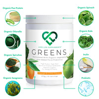 Organic Greens Powder | Orange and Lime Flavour | 273g - 30 Servings | 7 Organic Green Vegetables Including Pea Protein | Includes Prebiotics (Inulin) and Probiotics (Lactospore® Bacillus Coagulans)