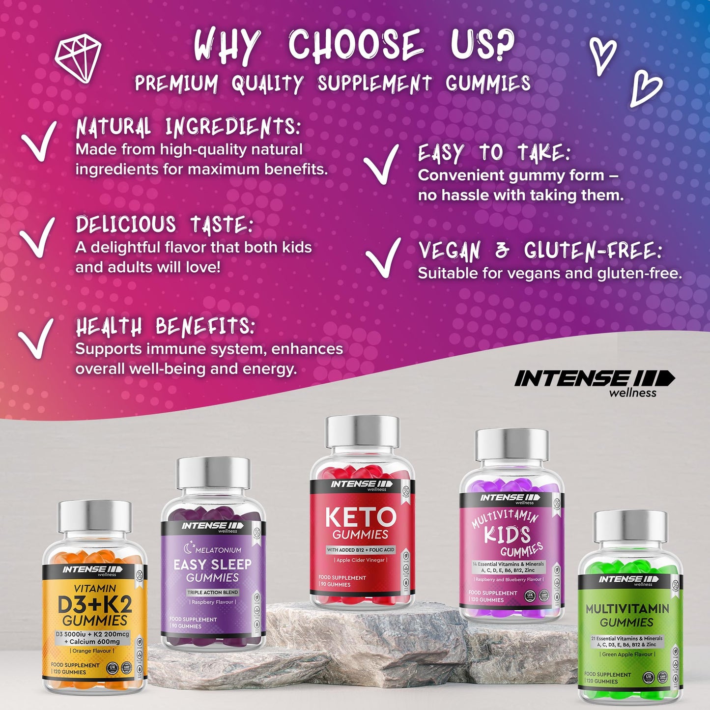 Intense Wellness INTENSE Wellness Multivitamin Gummies for Kids - Vegan Gummies with 14 Vitamins, Minerals, B6, B12 - Raspberry/Blueberry Flavour - Healthy Multi Gummies Boost Immunity, Bone Health, more - 120 Gummies