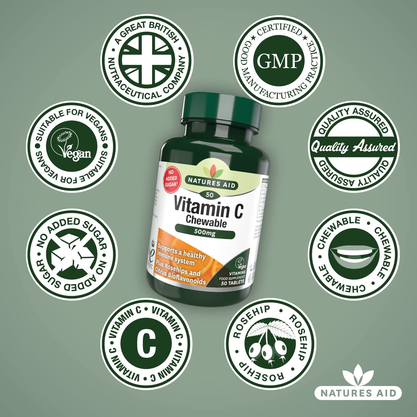 natures aid Natures Aid Chewable Vitamin C 500 mg, Sugar Free, Suitable for Vegans, 50 Tablets