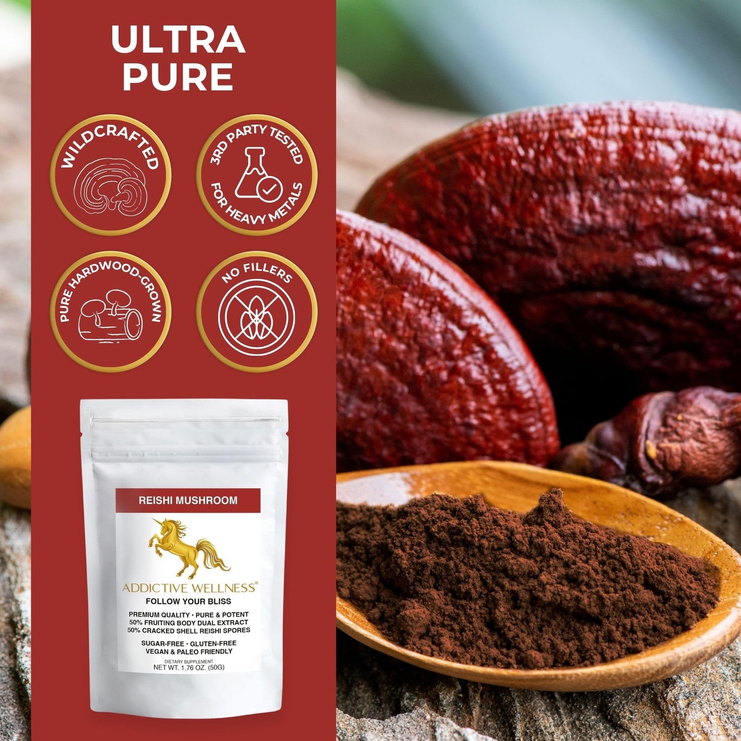 Addictive Wellness Reishi Mushroom Extract Powder + Spores (50/50 Blend) Wood Grown Pure & Potent Wildcrafted Ganoderma (100 Grams)