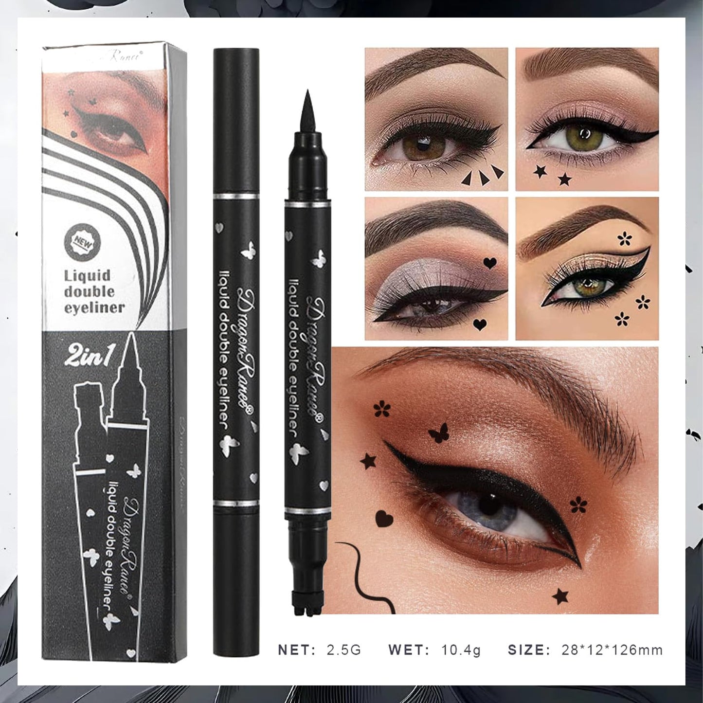 MINSHZEE Liquid Eyeliner, 5 Pcs Black Liquid Eyeliner Stamp Pen Set, Dual Tip Waterproof and Smudge-proof, Black Eyeliner Tattoo Makeup Tool, 5 Decorative Shapes (Heart, Flower, Star, Butterfly, Triangle Stamp