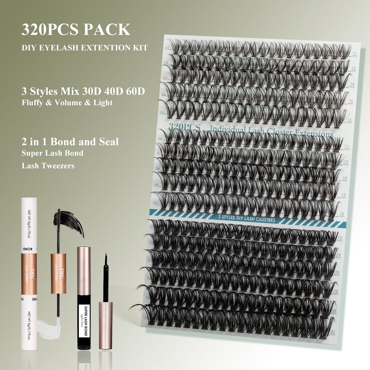 Lanciley Cluster Lashes Kit 320 PCS Individual Eyelashes 30D+40D+60D Eyelash Clusters Fluffy Lashes 11-20mm Eyelash Extension Kit Natural Lash Clusters Lash Clusters with Bond and Glue at Home-30D+40D+60D