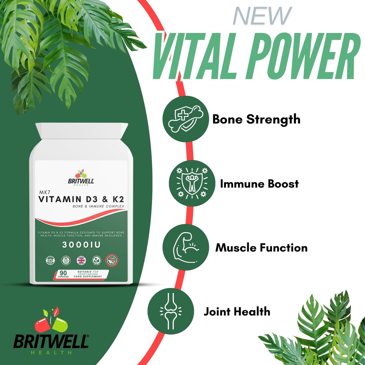 Britwell Health Vitamin D3 K2 Capsules - 3000 IU Vitamin D3 & 100µg Vitamin K2 (MK-7) - 90 Vegetarian Capsules - 3 Month Supply - High Strength Immune Support, Bone Health & Muscle Function Supplement Made in The UK