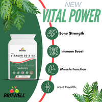 Britwell Health Vitamin D3 K2 Capsules - 3000 IU Vitamin D3 & 100µg Vitamin K2 (MK-7) - 90 Vegetarian Capsules - 3 Month Supply - High Strength Immune Support, Bone Health & Muscle Function Supplement Made in The UK