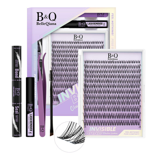 BelleQiana B&Q Venus Lash Clusters Kit 8-18mm Natural Eyelashes Invisible Band 144pcs Manga Lashes Individual with Bond & Seal Extension Set Easy Removal (Kit-Venus Lash-MIX8-18mm)