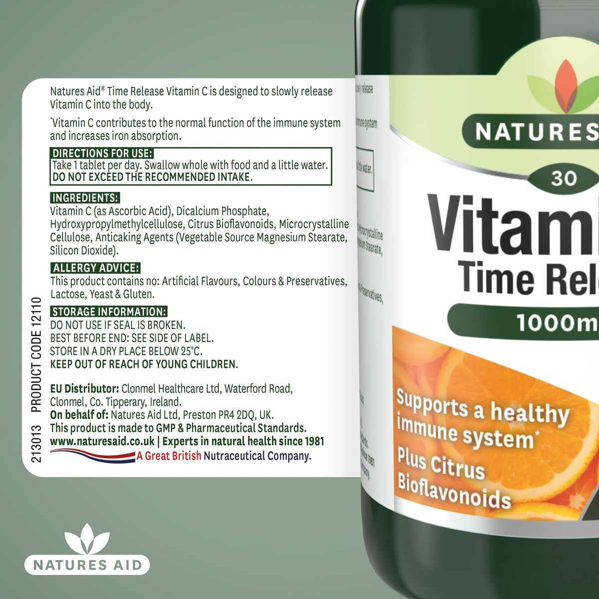 Natures Aid Vitamin C 1000mg Time Release - High Strength with Bioflavonoids - Supports Immunity, Bones & Heart - Antioxidant - Vegan, Gluten-Free, Non-GMO Supplement – 30 Tablets