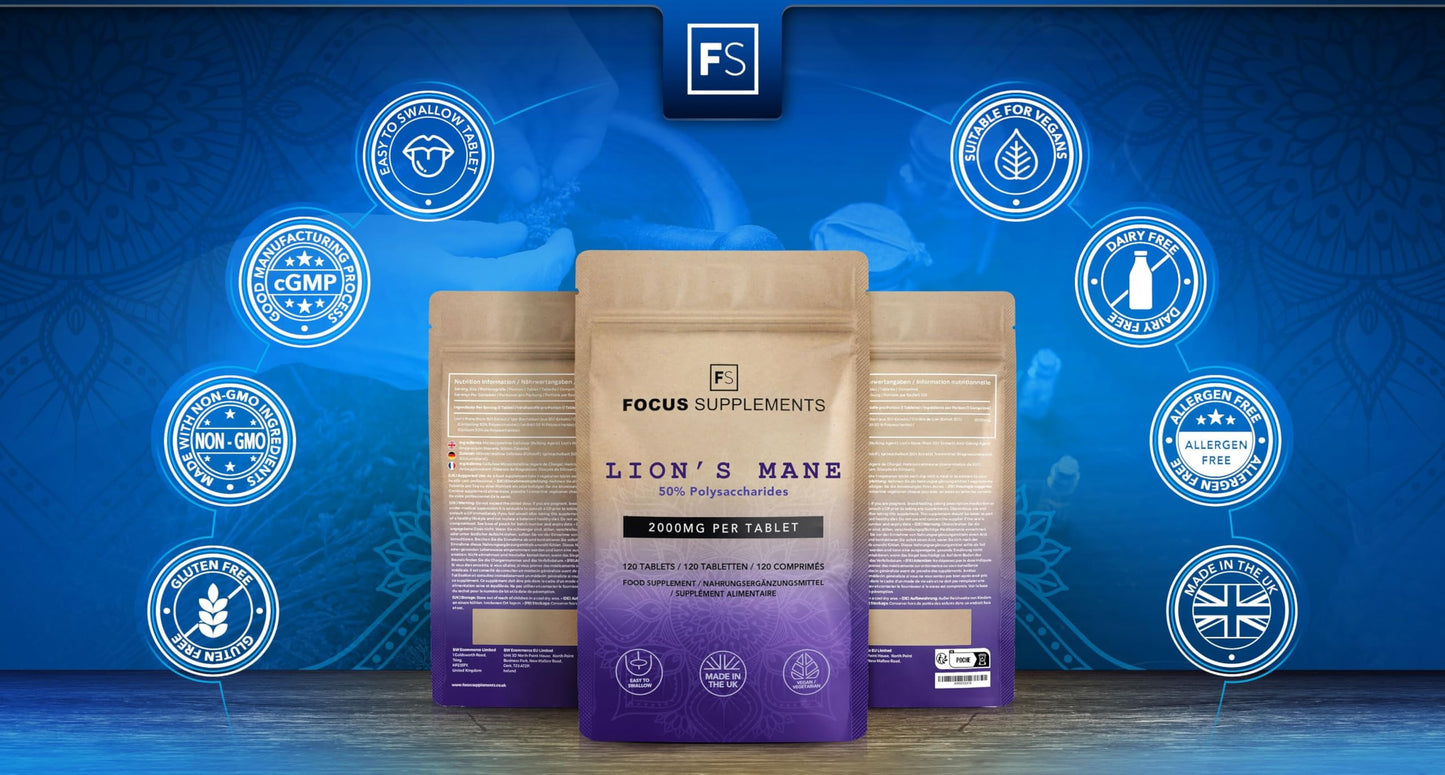 FS Lions Mane | 120 Lion's Mane Tablets - 2000mg Lions Mane per Serving | Lions Mane Supplement High Strength Mushroom Supplement | Non-GMO, Gluten & Allergen Free | Made in The UK