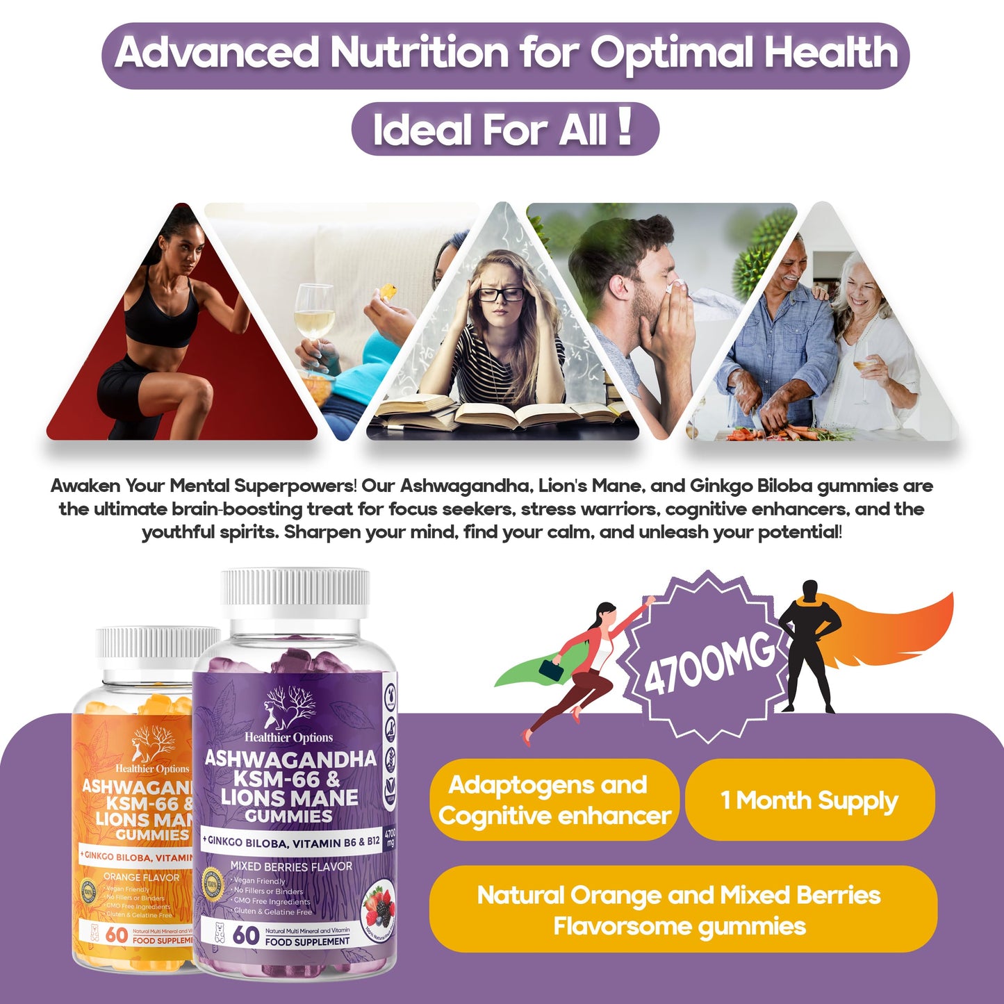 Healthier Options Ashwagandha KSM-66 and Lions Mane Gummies 4700mg | High Strength Ginkgo Biloba, Magnesium Glycinate, B6 & B12 | Ashwagandha Gummies 5% Withanolides | Stress, Focus, Memory & Energy | 6-in-1 60 Vegan