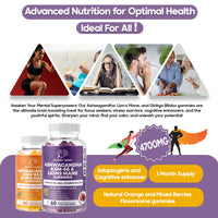 Healthier Options Ashwagandha KSM-66 and Lions Mane Gummies 4700mg | High Strength Ginkgo Biloba, Magnesium Glycinate, B6 & B12 | Ashwagandha Gummies 5% Withanolides | Stress, Focus, Memory & Energy | 6-in-1 60 Vegan
