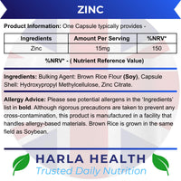 Harla Health Zinc 15mg | Immune System, Skin, Hair, Nails & Vision Support | High Strength Zinc Citrate | 120 Vegan Capsules | Made in UK GMP Certified