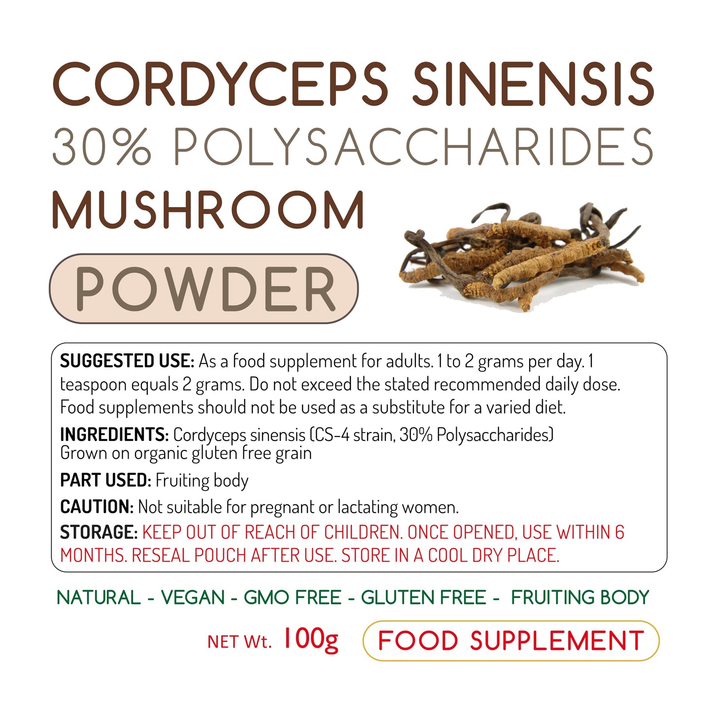 Time Health Cordyceps sinensis Mushroom Extract 100g Powder – 30% Polysaccharides (100g Powder Pouch)