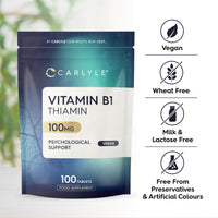 Vitamin B1 Thiamin 100mg Tablets | 100 Count (3+ Months Supply) | High Strength VIT B1 Thiamine Supplement | No Artificial Preservatives | by Carlyle