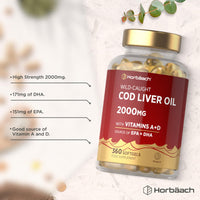 Horbäach Cod Liver Oil Capsules High Strength | 2000mg | 360 Softgel Pills | Rich in Omega 3, Vitamins A & D | Supplement with 171mg of DHA and 151mg of EPA | by Horbaach