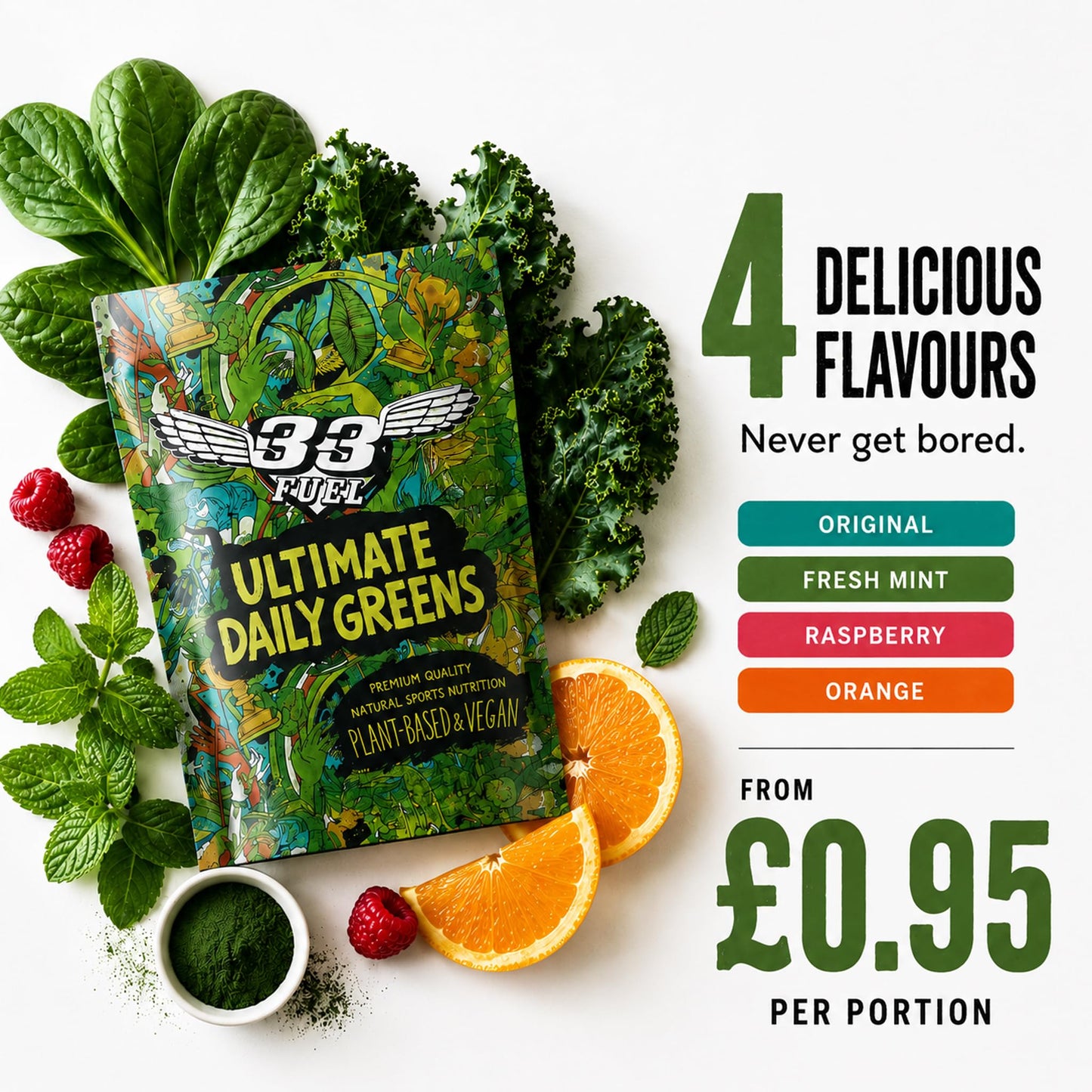 33Fuel Daily Greens Powder - UPF-Free Premium Superfood & Fibre Blend for Gut Health with only Natural Ingredients, Daily Greens Super Blend, Vegan, Handmade in the UK – Orange
