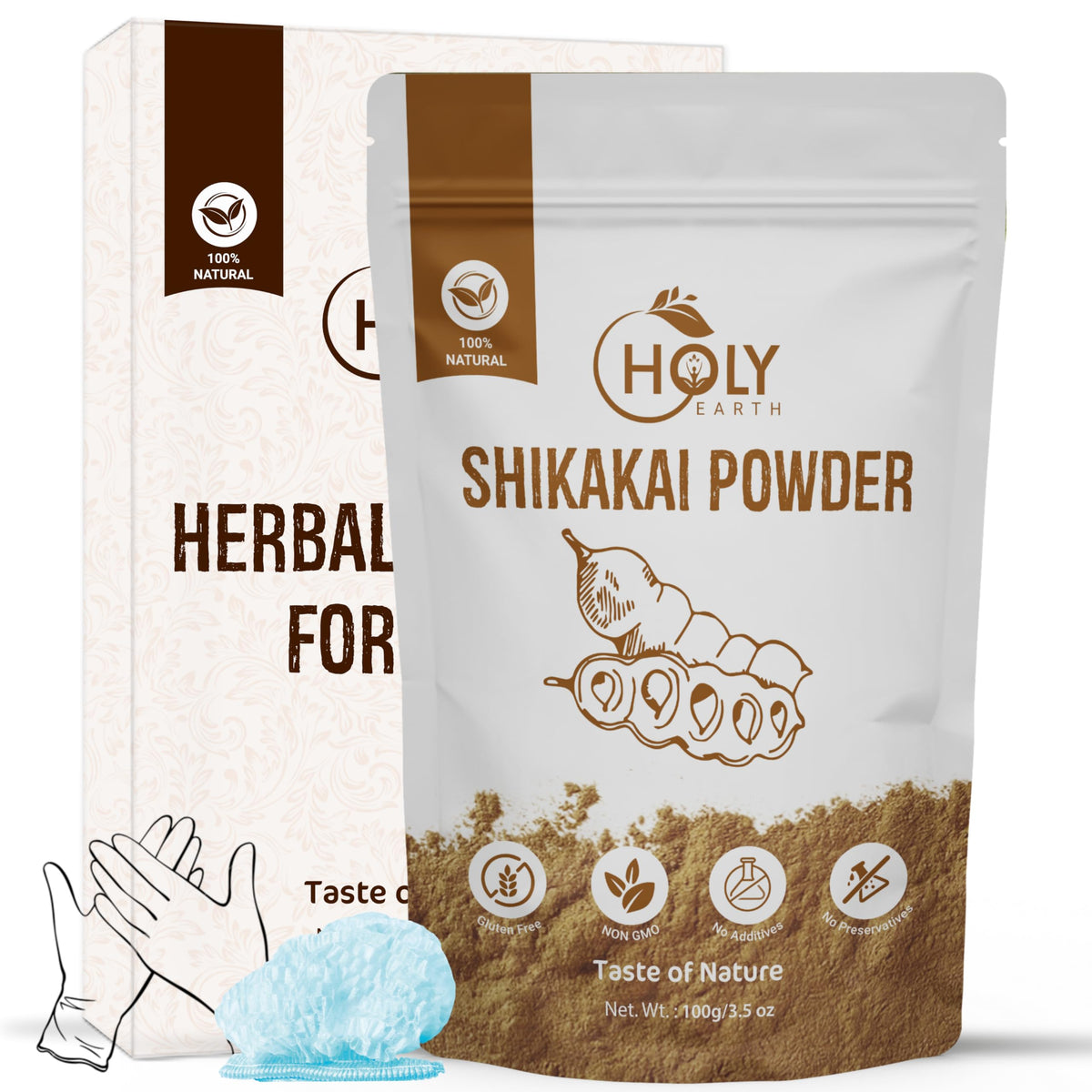 Holy Earth Shikakai Powder 100g – 100% Pure & Organic Hair Cleanser | Natural Softening & Strengthening | Vegan, Non-GMO | Free Gloves & Shower Cap