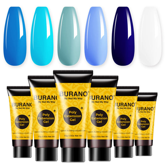 BURANO Poly Extension Gel Nail Kit, 6 Colors Nail Poly Nails Builder Gel Set for Beginner & Professional Using, Poly Nail Gel Kits DIY Starter Kit Nail Art Gift (Blue)