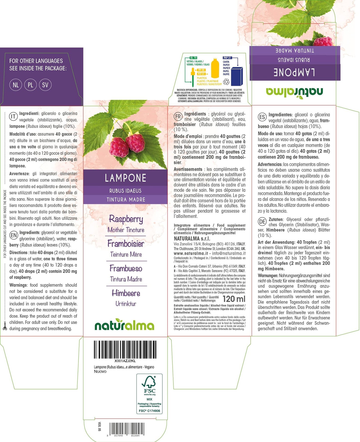 Raspberry (Rubus idaeus) Leaves Alcohol-Free Mother Tincture Naturalma - Liquid Extract Drops 120 ml - Food Supplement - Vegan