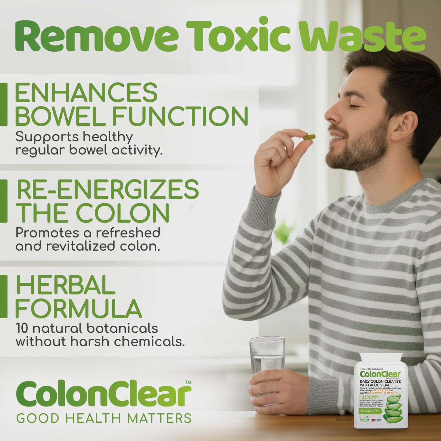 Kula Nutrition ColonClear – Colon Cleanse Detox - Natural Laxative and Stool Softener for Constipation Relief for Adults – Everyday Herbal Formula with Aloe Vera and Fibre for Regular Bowel Movements - 100 Capsules