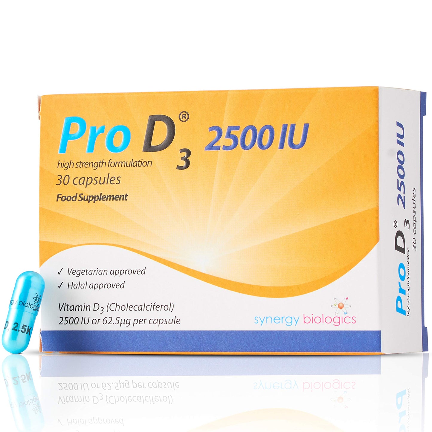 PRO D3 Pro D3 2500 IU - Vitamin D3 (30 Capsules) Vegetarian | Made in The UK | Free from Alcohol, Crustaceans, Dairy, Egg, Gelatine, Gluten, Milk, Nut, Peanut, Salt, SOYA