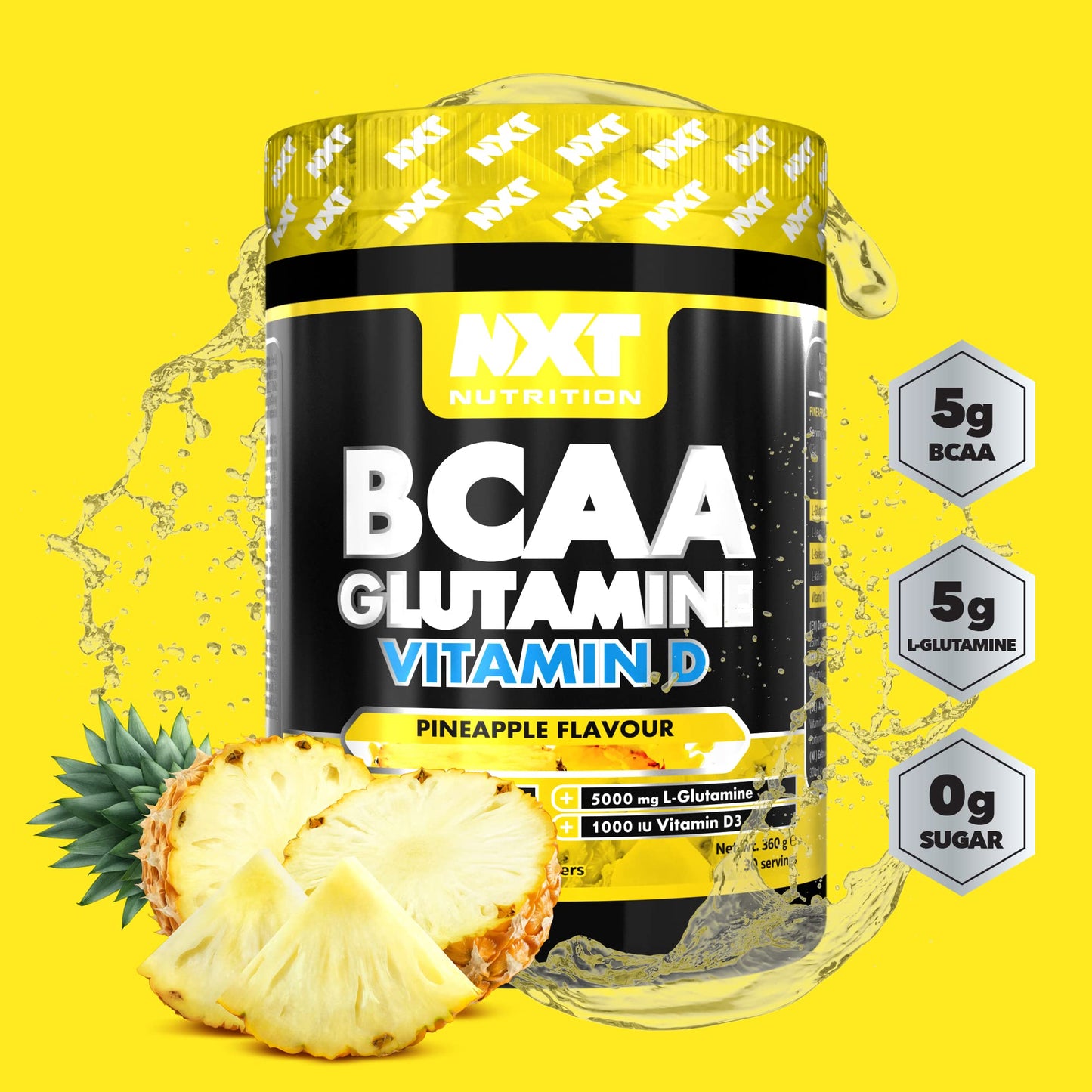 NXT Nutrition BCAA, Glutamine & Vitamin D | BCAAs Amino Acids with Vitamin D3 and L-Glutamine - for Recovery, Gut Health and Muscle Protein Synthesis | 360g - 30 Servings (Pineapple)