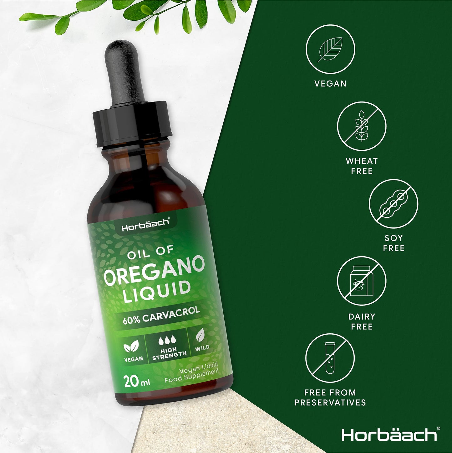 Horbäach Oregano Oil Drops | High Strength Oregano Liquid | 60% Carvacrol | 20ml Vegan Friendly Oil | Dietary Supplement | by Horbaach